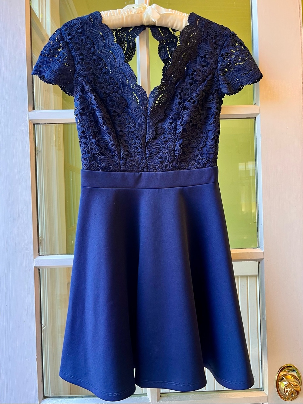 B. Darlin Navy Blue Mini Dress with Lace Bodice & Circle Skirt EUC Skater